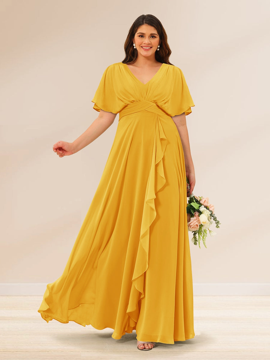 A-Line/Princess V-Neck Short Sleeves Plus Size Bridesmaid Dresses with Pockets - 画像 (66)