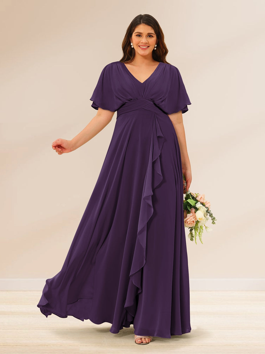 A-Line/Princess V-Neck Short Sleeves Plus Size Bridesmaid Dresses with Pockets - 画像 (40)