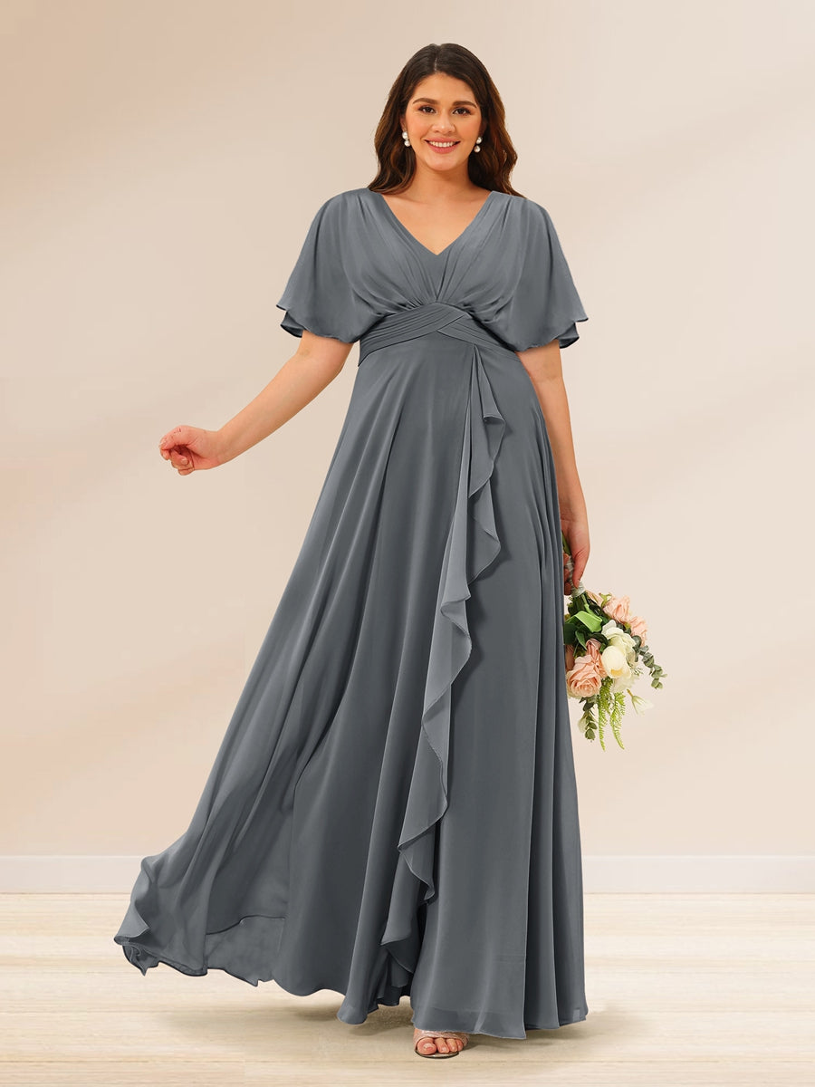 A-Line/Princess V-Neck Short Sleeves Plus Size Bridesmaid Dresses with Pockets - 画像 (70)