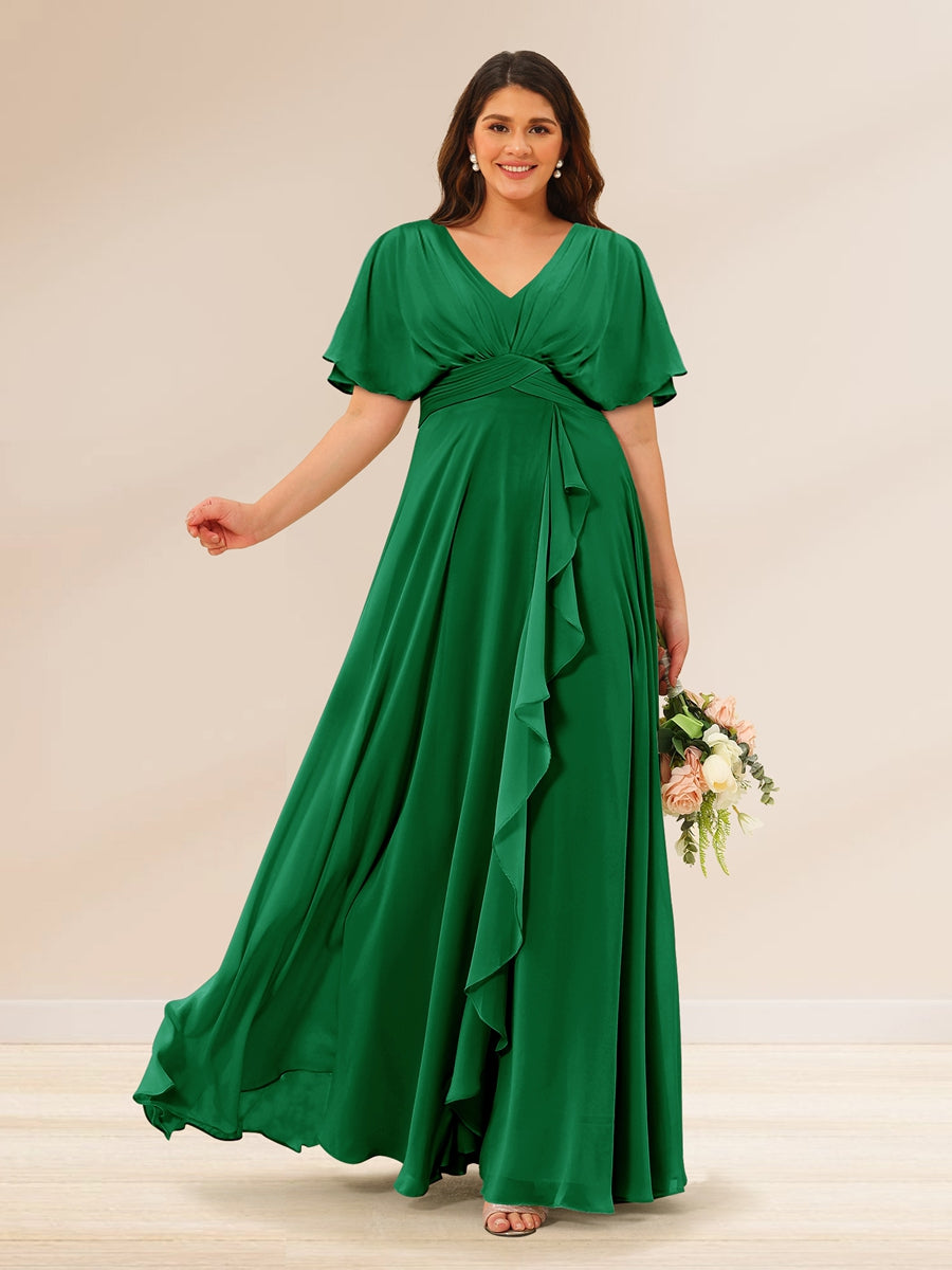 A-Line/Princess V-Neck Short Sleeves Plus Size Bridesmaid Dresses with Pockets - 画像 (59)