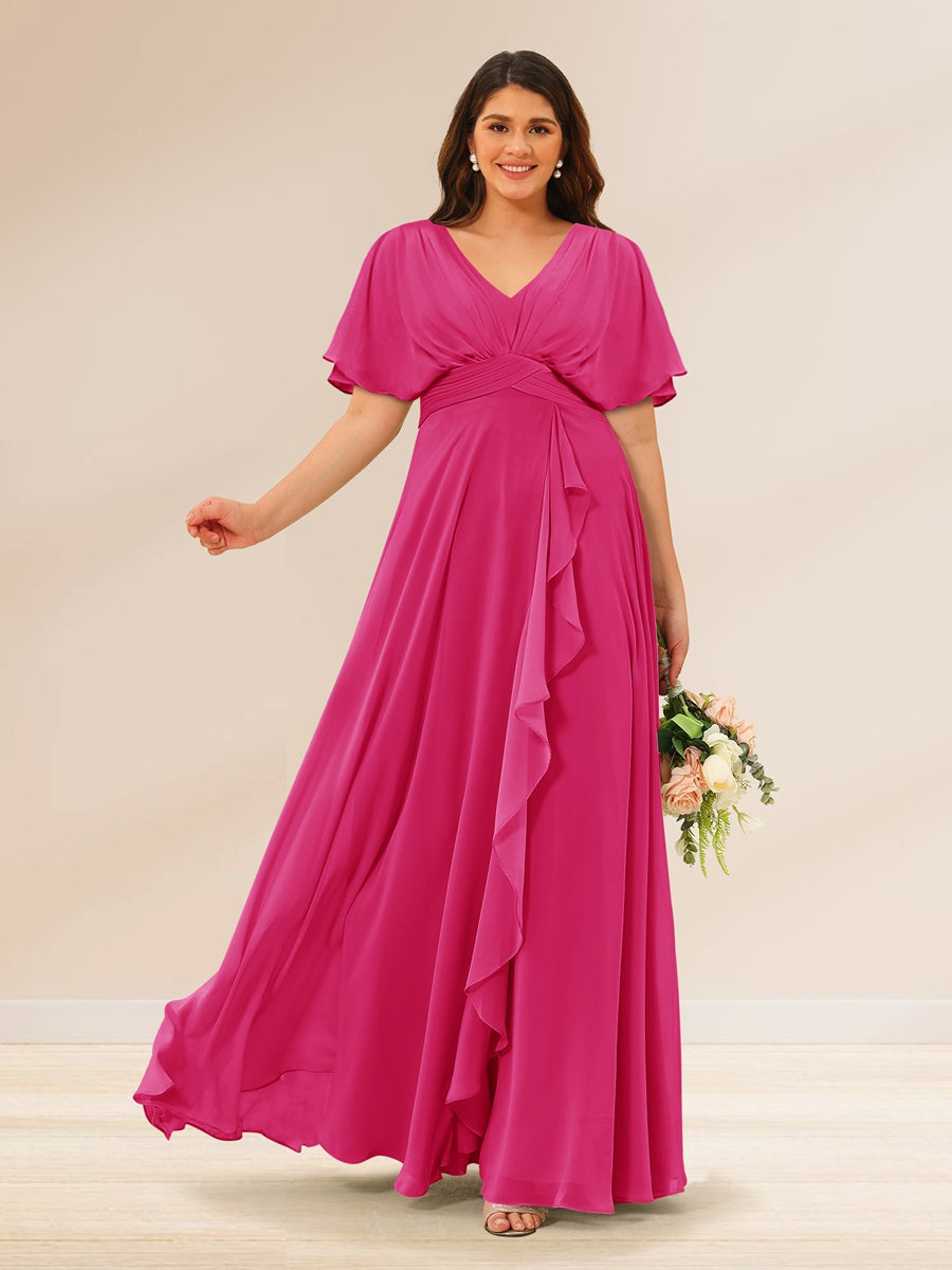 A-Line/Princess V-Neck Short Sleeves Plus Size Bridesmaid Dresses with Pockets - 画像 (28)