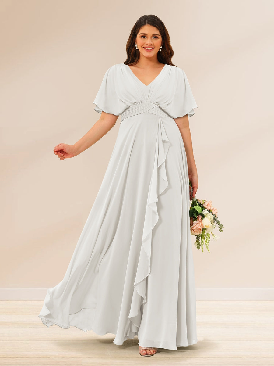 A-Line/Princess V-Neck Short Sleeves Plus Size Bridesmaid Dresses with Pockets - 画像 (16)