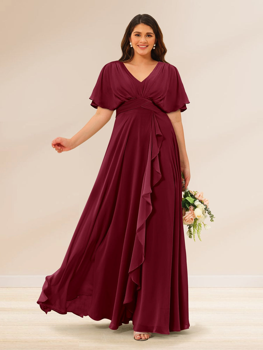 A-Line/Princess V-Neck Short Sleeves Plus Size Bridesmaid Dresses with Pockets - 画像 (33)
