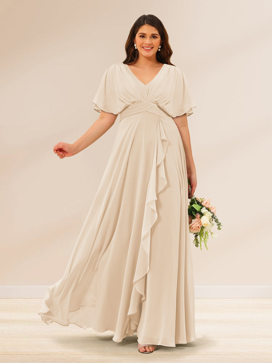 A-Line/Princess V-Neck Short Sleeves Plus Size Bridesmaid Dresses with Pockets - 画像 (18)