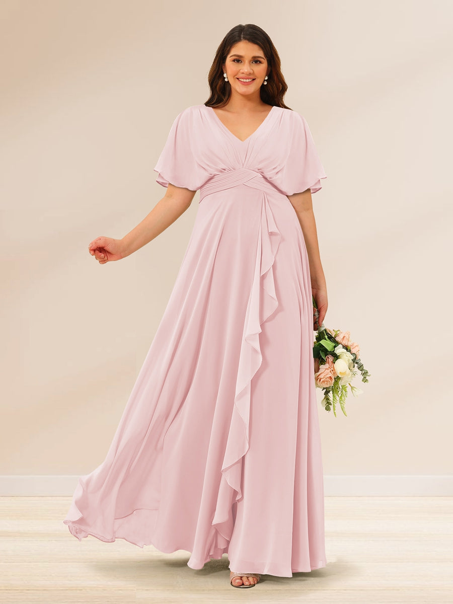 A-Line/Princess V-Neck Short Sleeves Plus Size Bridesmaid Dresses with Pockets - 画像 (22)