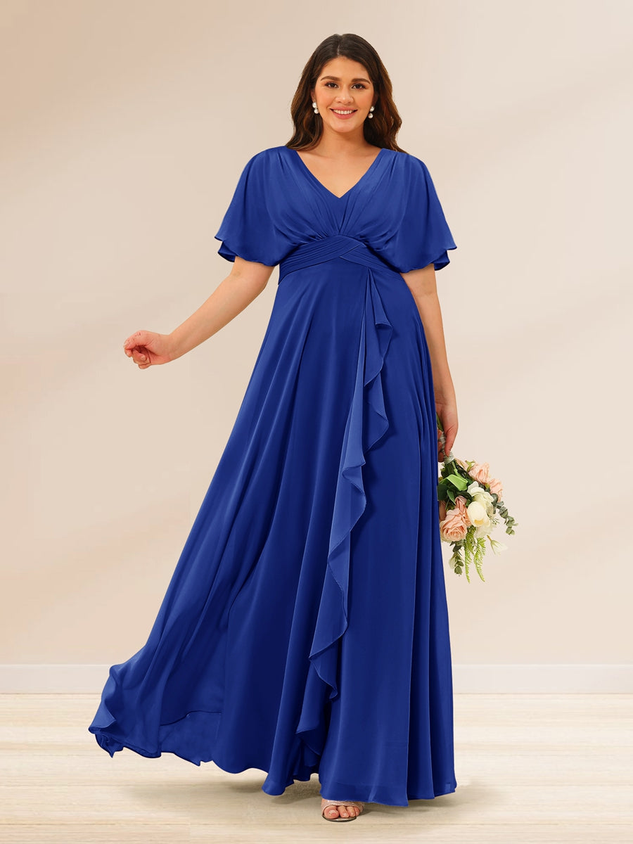 A-Line/Princess V-Neck Short Sleeves Plus Size Bridesmaid Dresses with Pockets - 画像 (49)