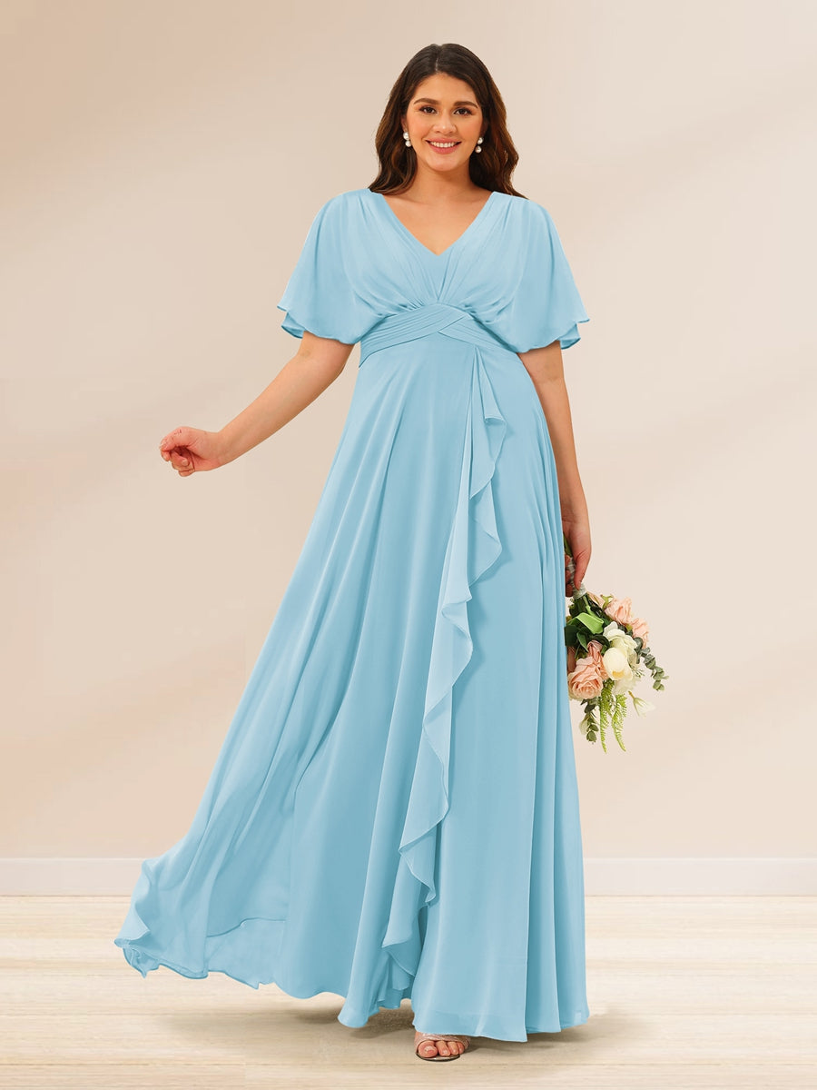 A-Line/Princess V-Neck Short Sleeves Plus Size Bridesmaid Dresses with Pockets - 画像 (44)