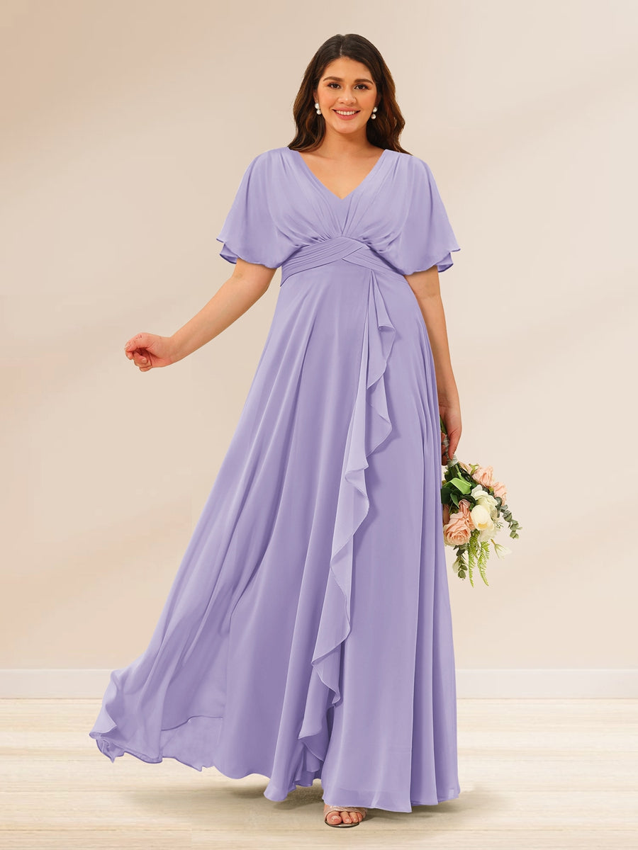 A-Line/Princess V-Neck Short Sleeves Plus Size Bridesmaid Dresses with Pockets - 画像 (9)