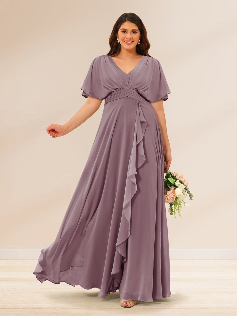 A-Line/Princess V-Neck Short Sleeves Plus Size Bridesmaid Dresses with Pockets - 画像 (26)