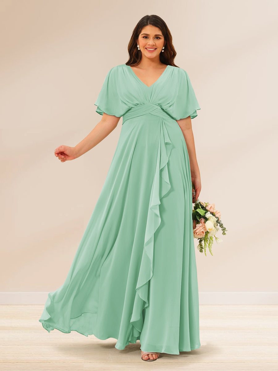A-Line/Princess V-Neck Short Sleeves Plus Size Bridesmaid Dresses with Pockets - 画像 (56)