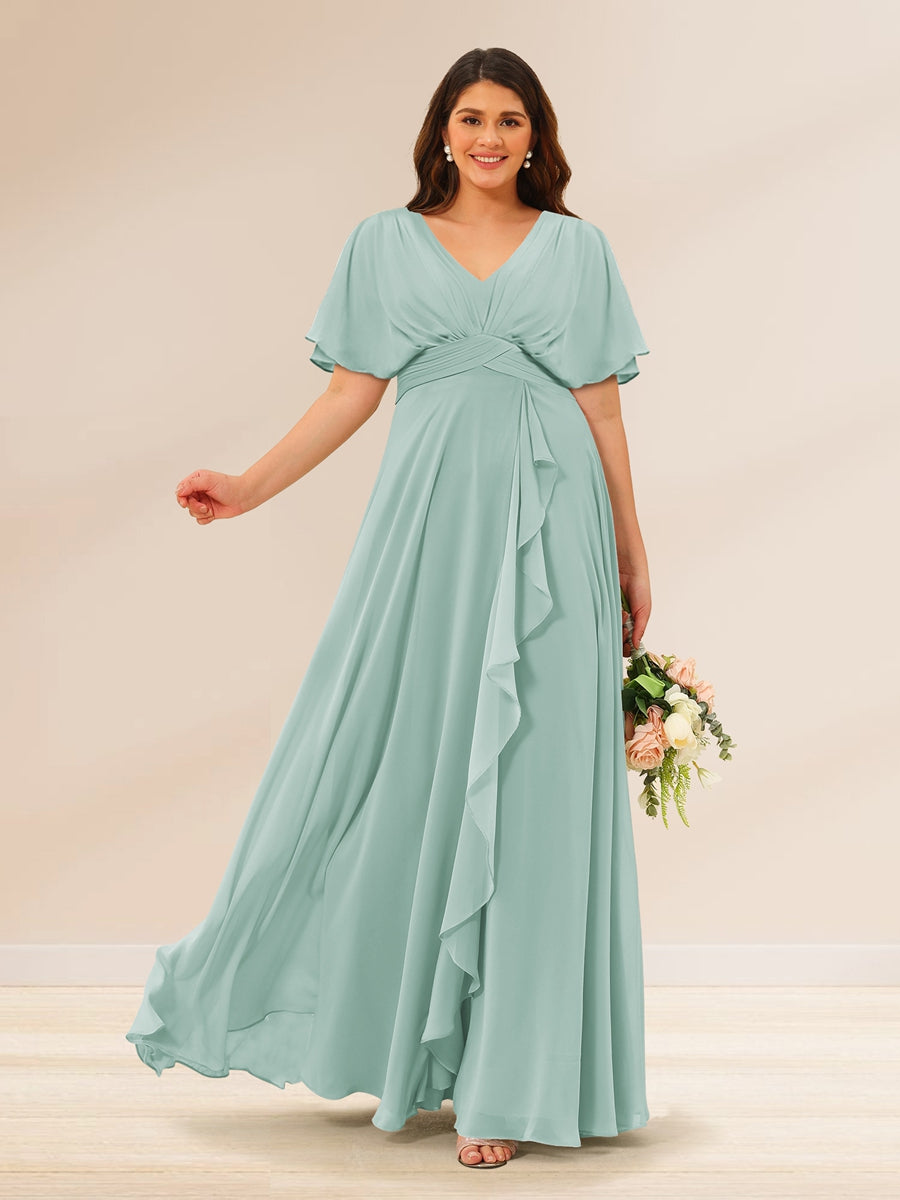 A-Line/Princess V-Neck Short Sleeves Plus Size Bridesmaid Dresses with Pockets - 画像 (55)