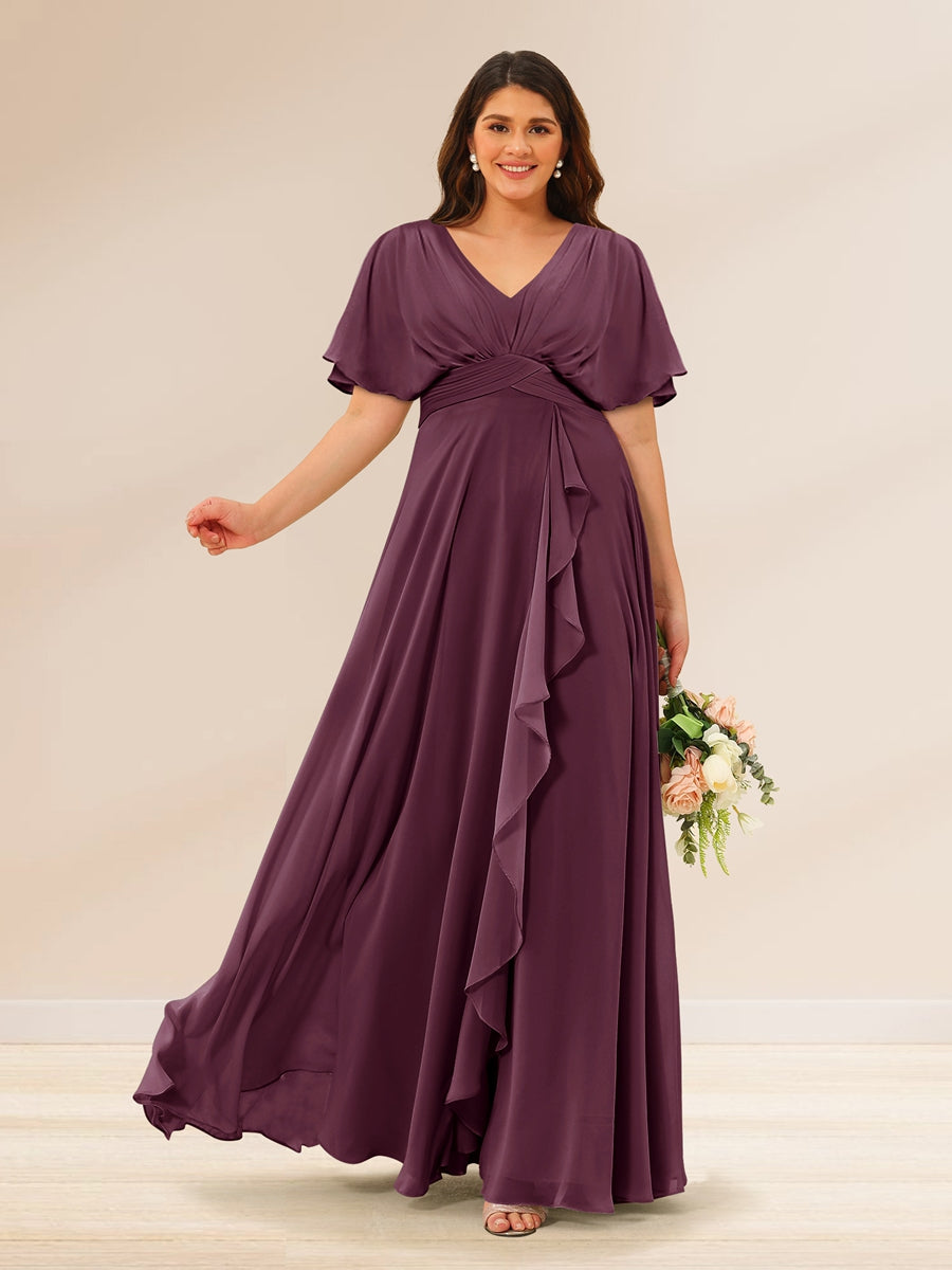 A-Line/Princess V-Neck Short Sleeves Plus Size Bridesmaid Dresses with Pockets - 画像 (38)