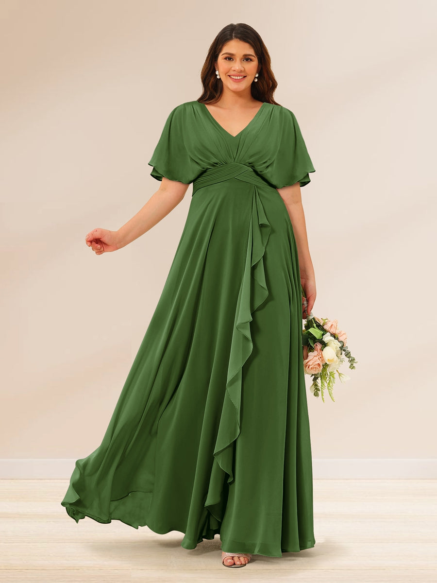 A-Line/Princess V-Neck Short Sleeves Plus Size Bridesmaid Dresses with Pockets - 画像 (60)
