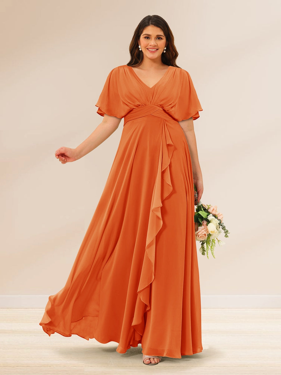 A-Line/Princess V-Neck Short Sleeves Plus Size Bridesmaid Dresses with Pockets - 画像 (67)