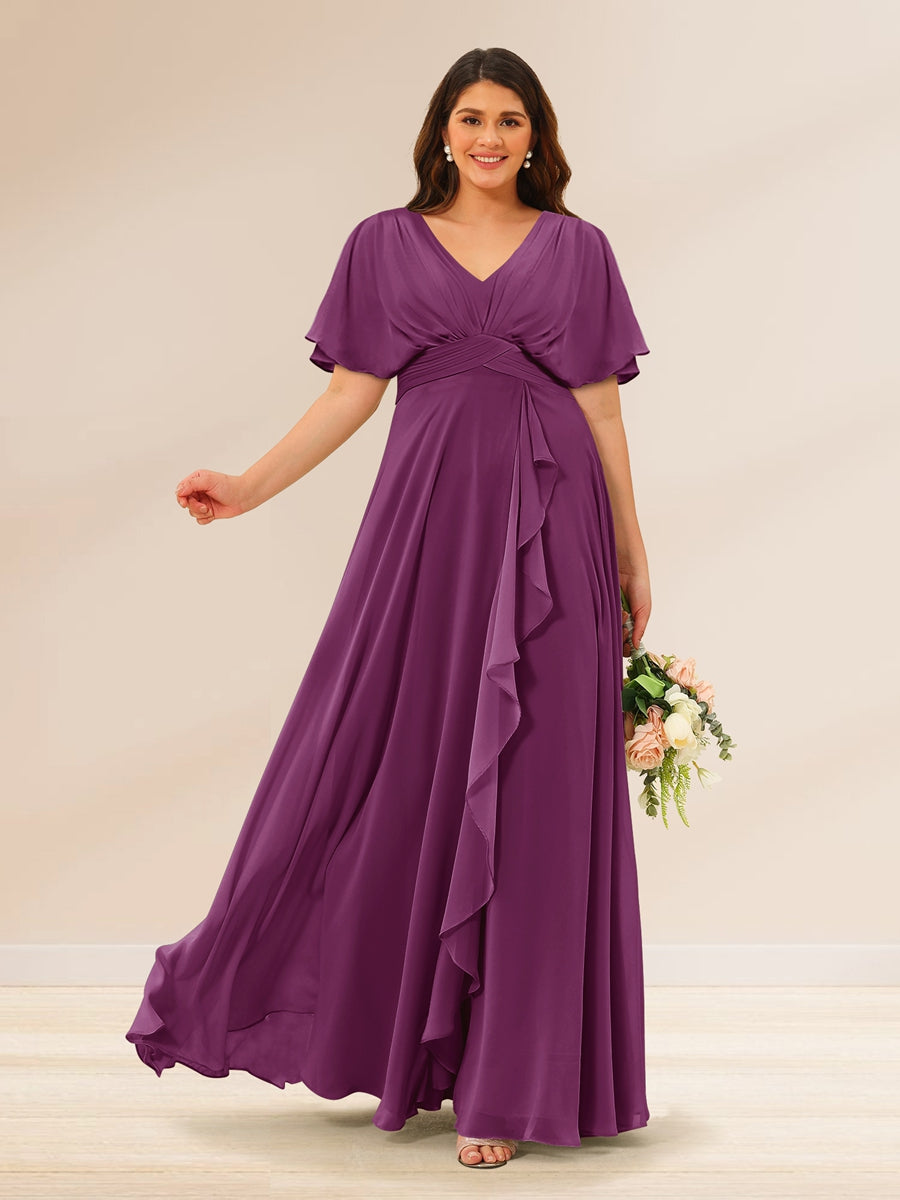 A-Line/Princess V-Neck Short Sleeves Plus Size Bridesmaid Dresses with Pockets - 画像 (39)