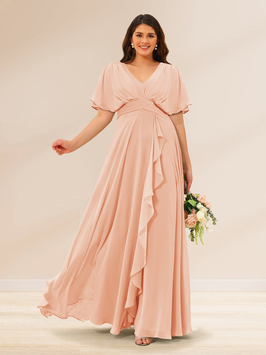 A-Line/Princess V-Neck Short Sleeves Plus Size Bridesmaid Dresses with Pockets - 画像 (24)