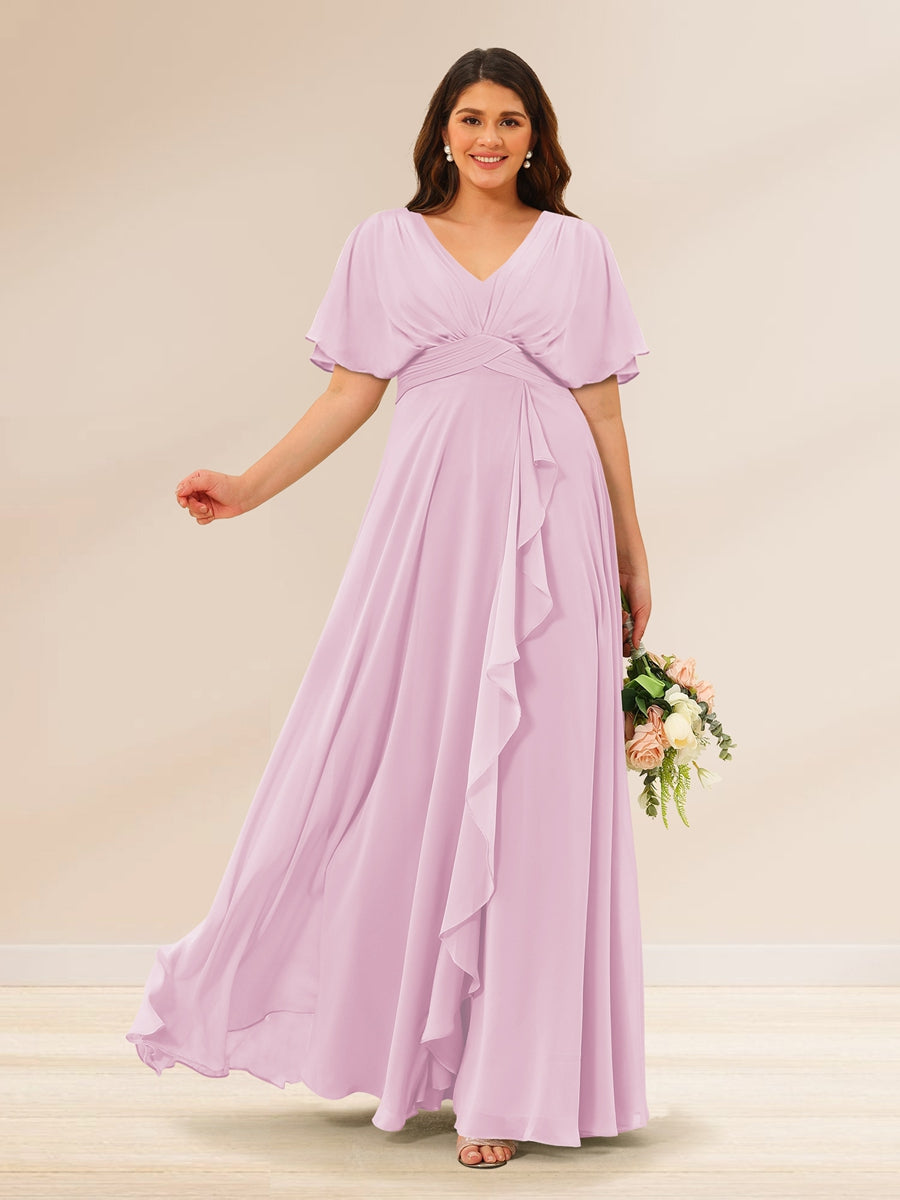 A-Line/Princess V-Neck Short Sleeves Plus Size Bridesmaid Dresses with Pockets - 画像 (20)