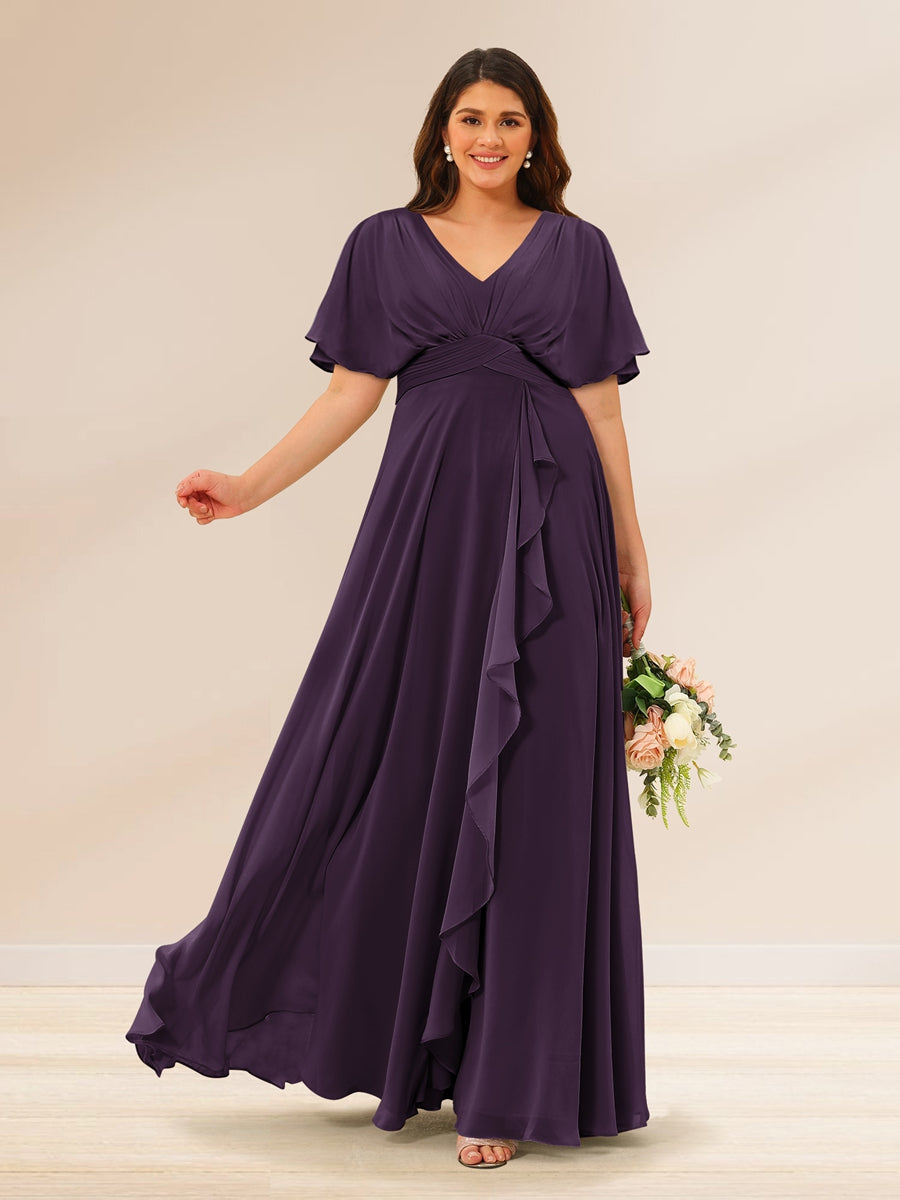 A-Line/Princess V-Neck Short Sleeves Plus Size Bridesmaid Dresses with Pockets - 画像 (41)
