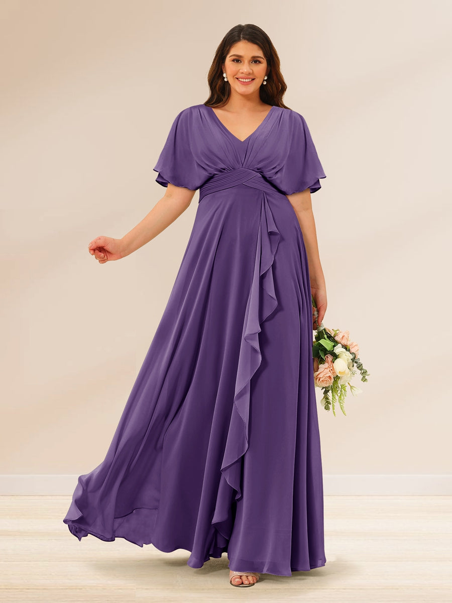 A-Line/Princess V-Neck Short Sleeves Plus Size Bridesmaid Dresses with Pockets - 画像 (37)