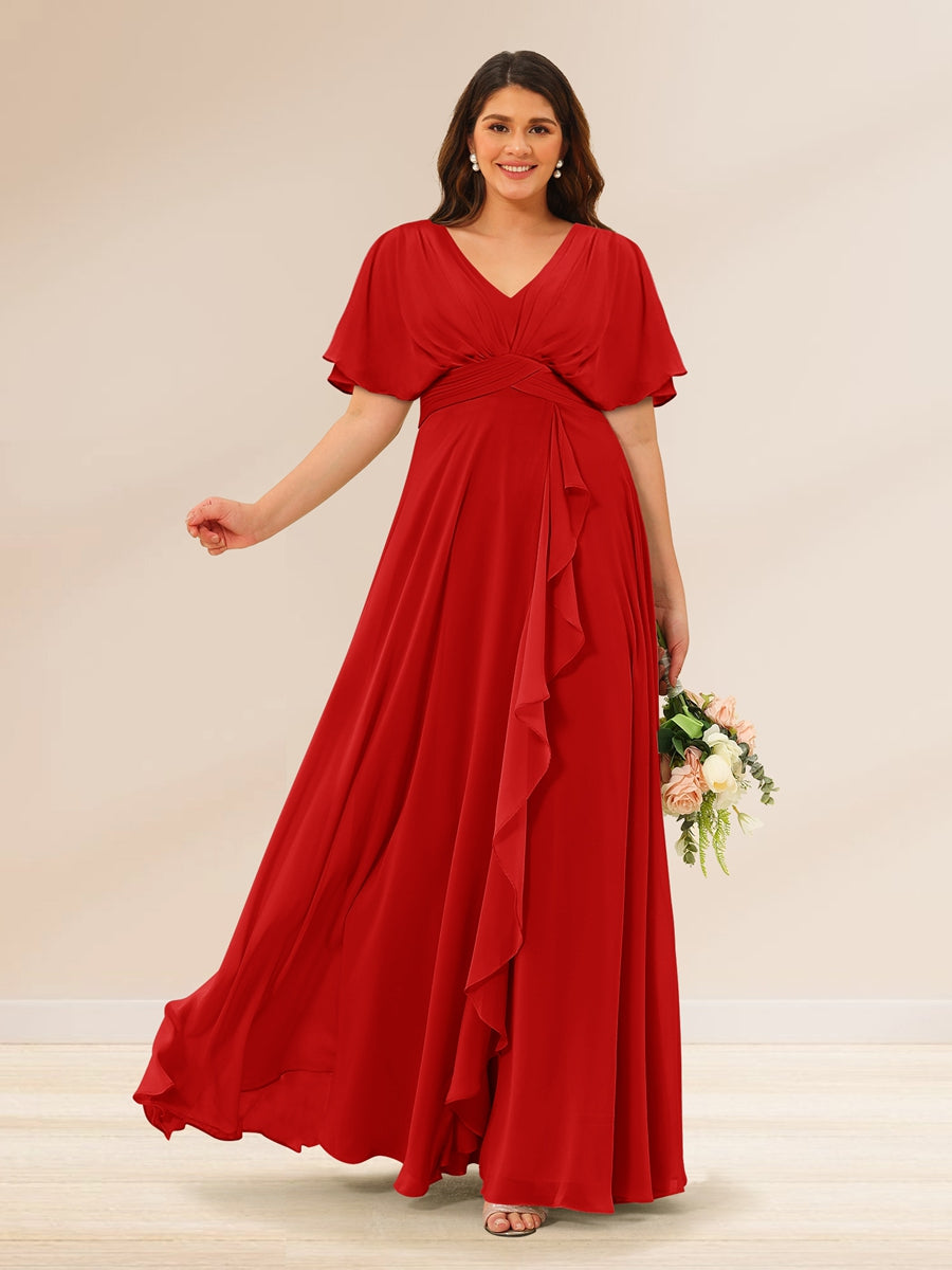 A-Line/Princess V-Neck Short Sleeves Plus Size Bridesmaid Dresses with Pockets - 画像 (31)