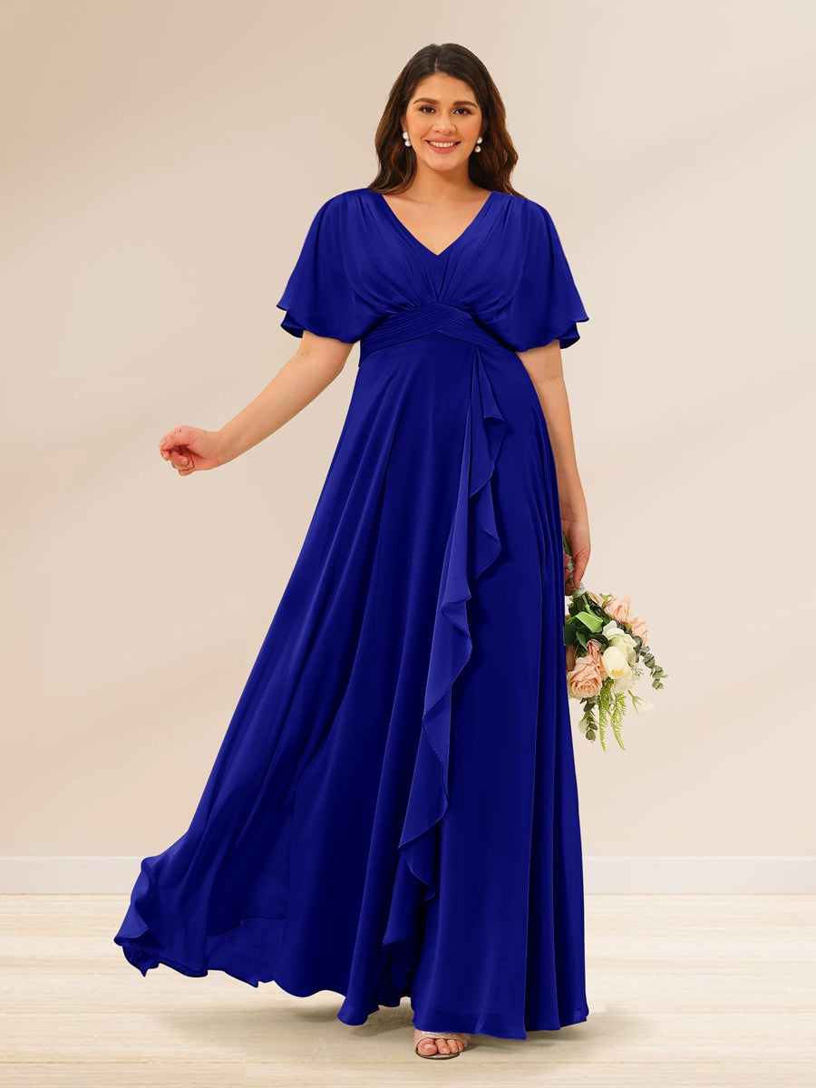 A-Line/Princess V-Neck Short Sleeves Plus Size Bridesmaid Dresses with Pockets - 画像 (50)