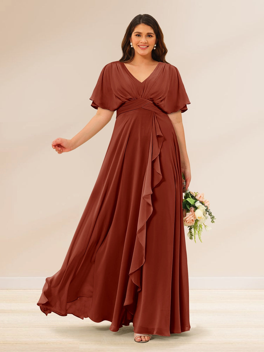 A-Line/Princess V-Neck Short Sleeves Plus Size Bridesmaid Dresses with Pockets - 画像 (8)