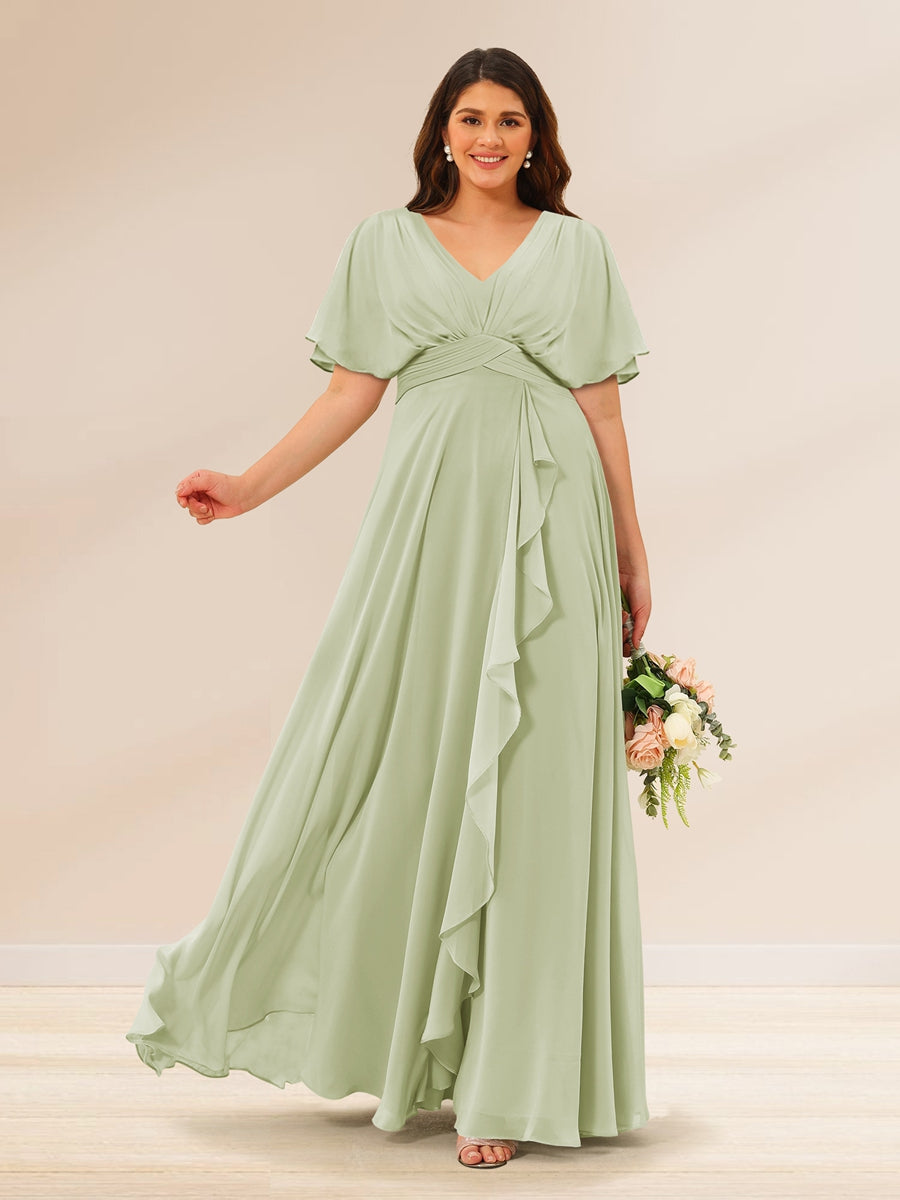 A-Line/Princess V-Neck Short Sleeves Plus Size Bridesmaid Dresses with Pockets - 画像 (3)