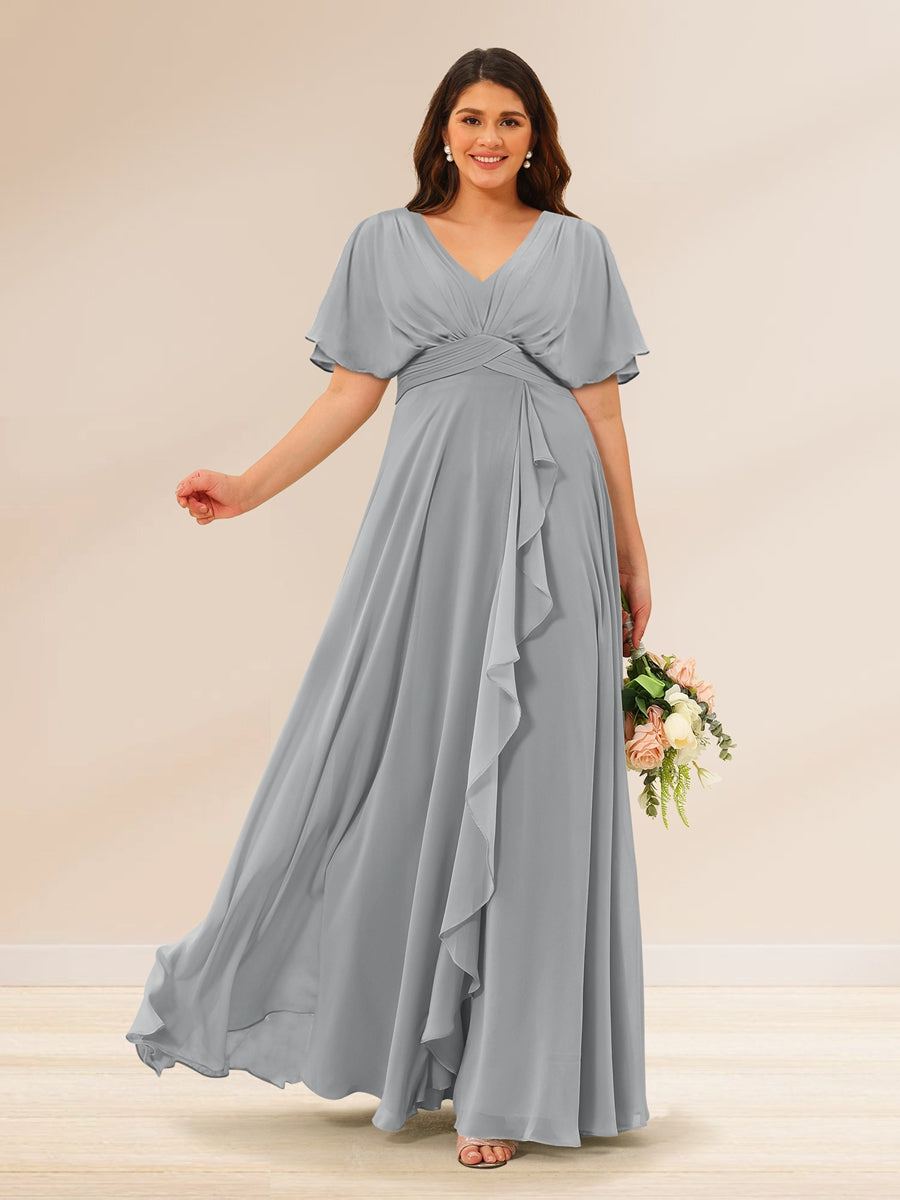 A-Line/Princess V-Neck Short Sleeves Plus Size Bridesmaid Dresses with Pockets - 画像 (17)