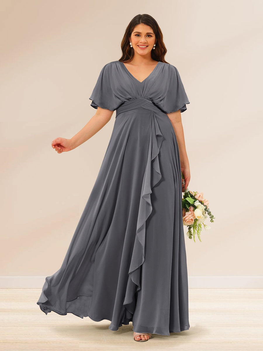 A-Line/Princess V-Neck Short Sleeves Plus Size Bridesmaid Dresses with Pockets - 画像 (69)