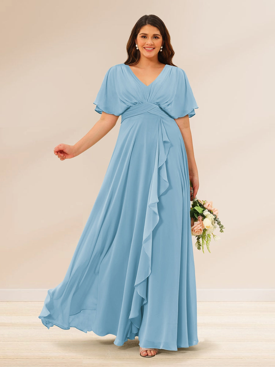 A-Line/Princess V-Neck Short Sleeves Plus Size Bridesmaid Dresses with Pockets - 画像 (45)