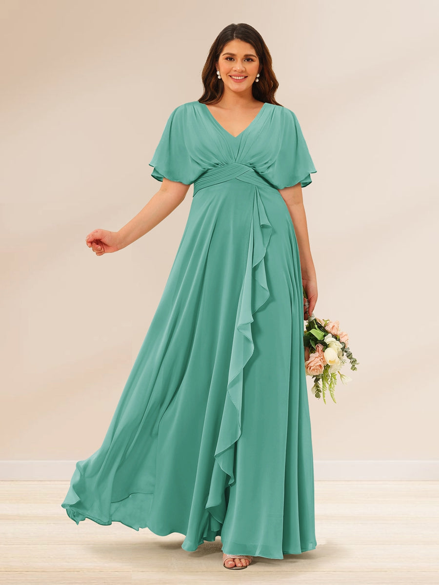 A-Line/Princess V-Neck Short Sleeves Plus Size Bridesmaid Dresses with Pockets - 画像 (57)