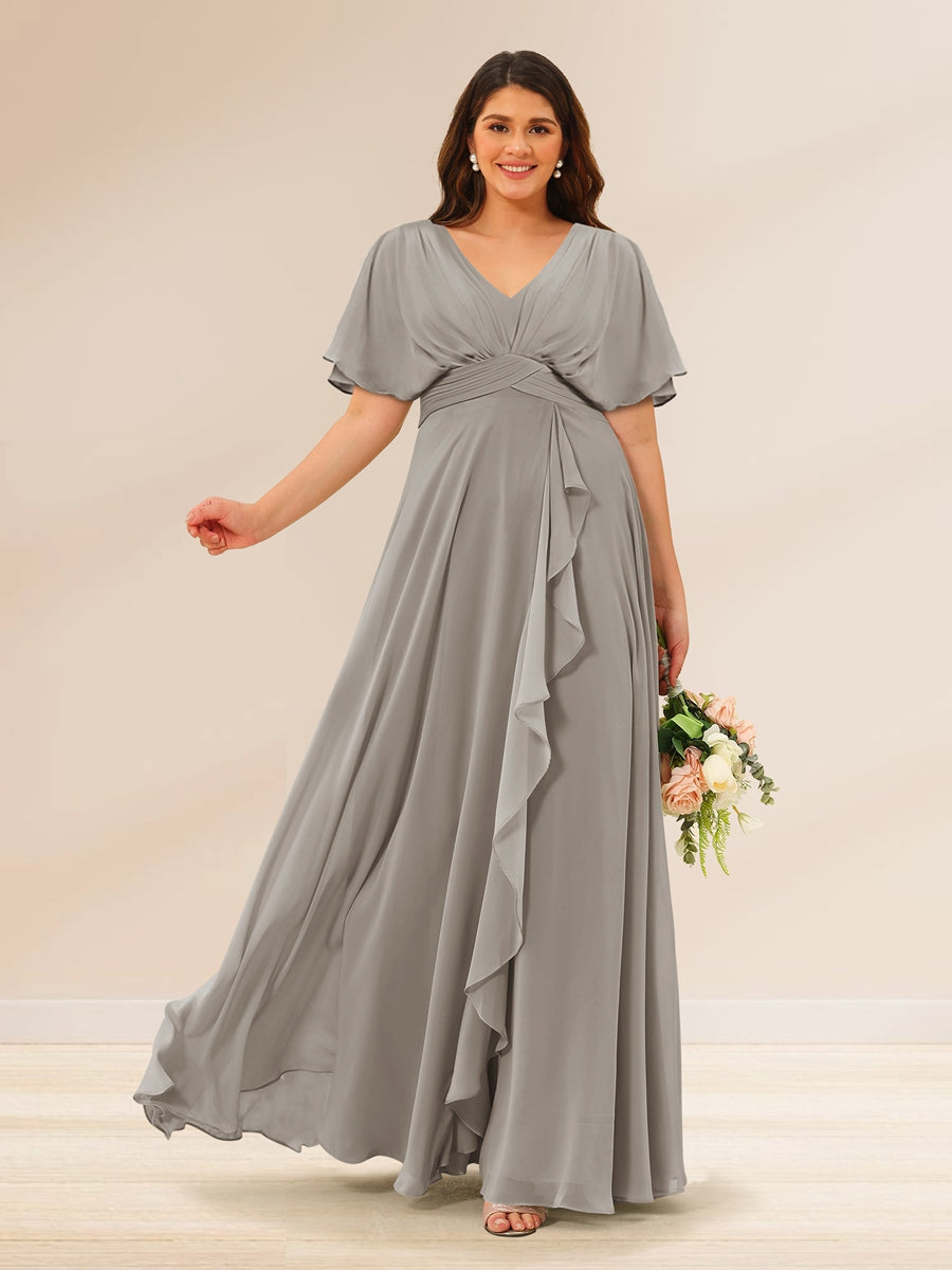 A-Line/Princess V-Neck Short Sleeves Plus Size Bridesmaid Dresses with Pockets - 画像 (68)