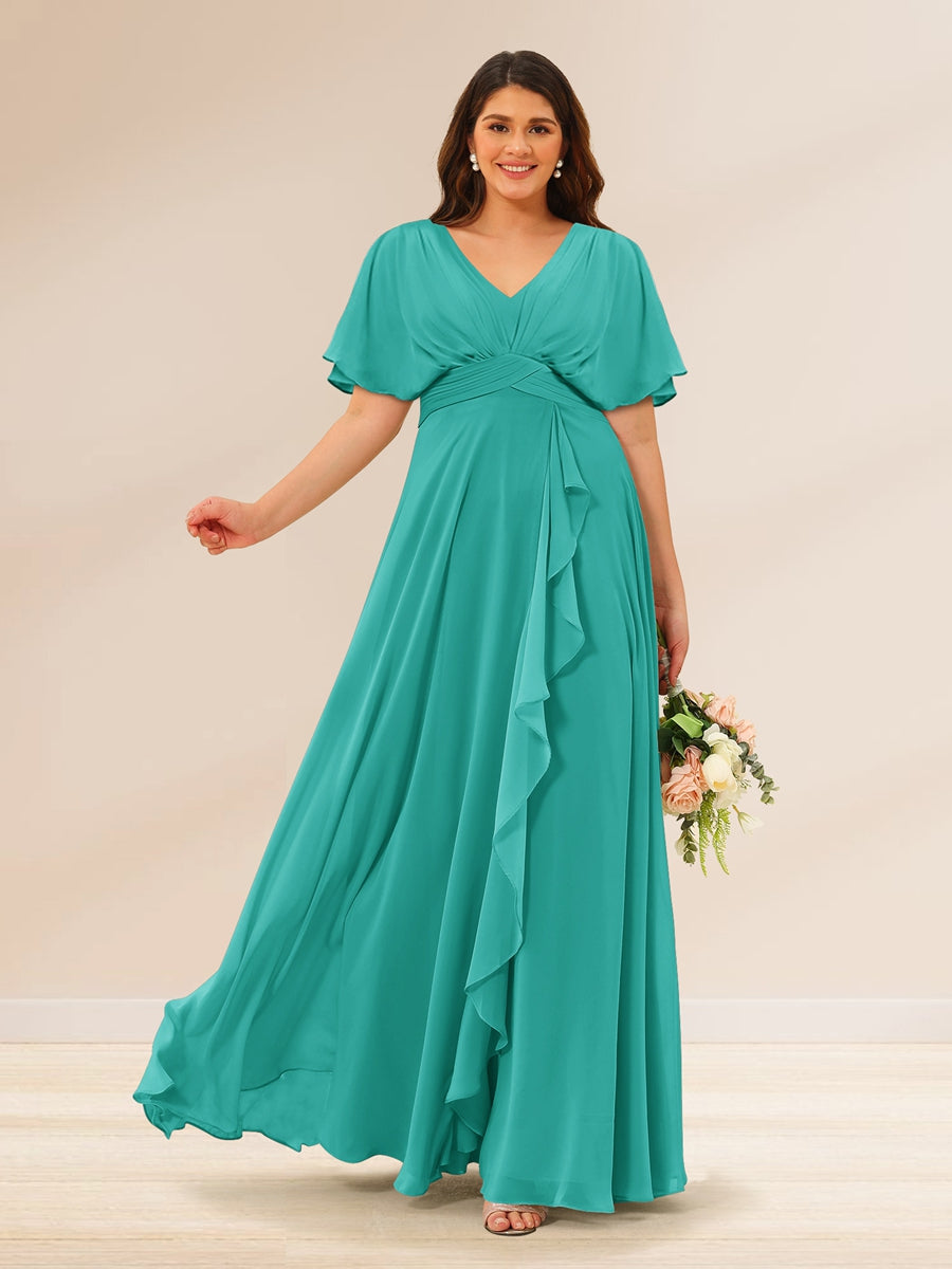 A-Line/Princess V-Neck Short Sleeves Plus Size Bridesmaid Dresses with Pockets - 画像 (58)