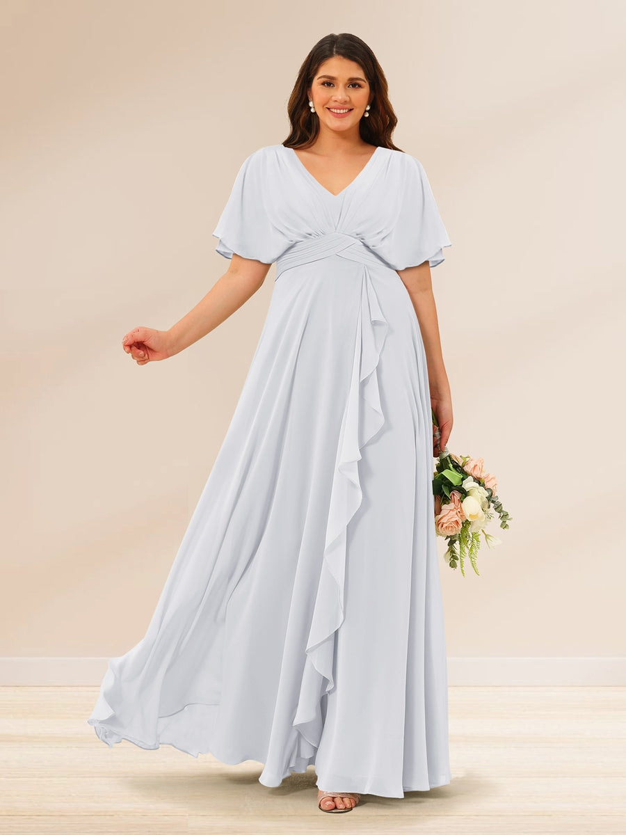A-Line/Princess V-Neck Short Sleeves Plus Size Bridesmaid Dresses with Pockets - 画像 (14)