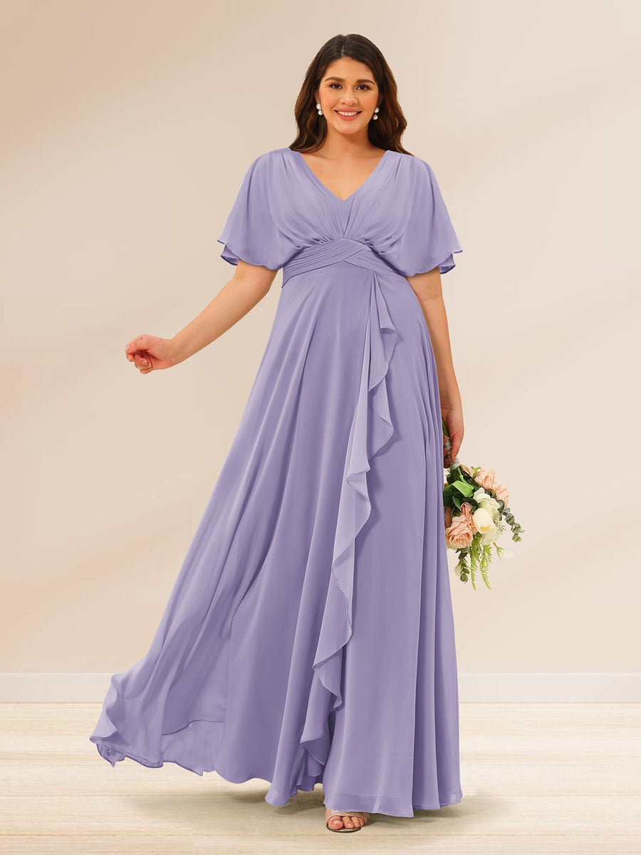 A-Line/Princess V-Neck Short Sleeves Plus Size Bridesmaid Dresses with Pockets - 画像 (34)