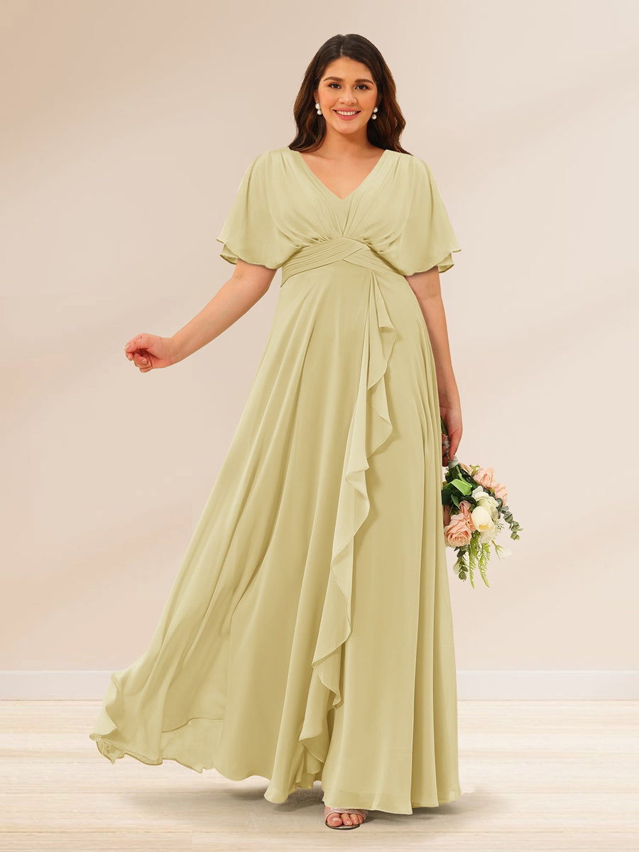 A-Line/Princess V-Neck Short Sleeves Plus Size Bridesmaid Dresses with Pockets - 画像 (63)