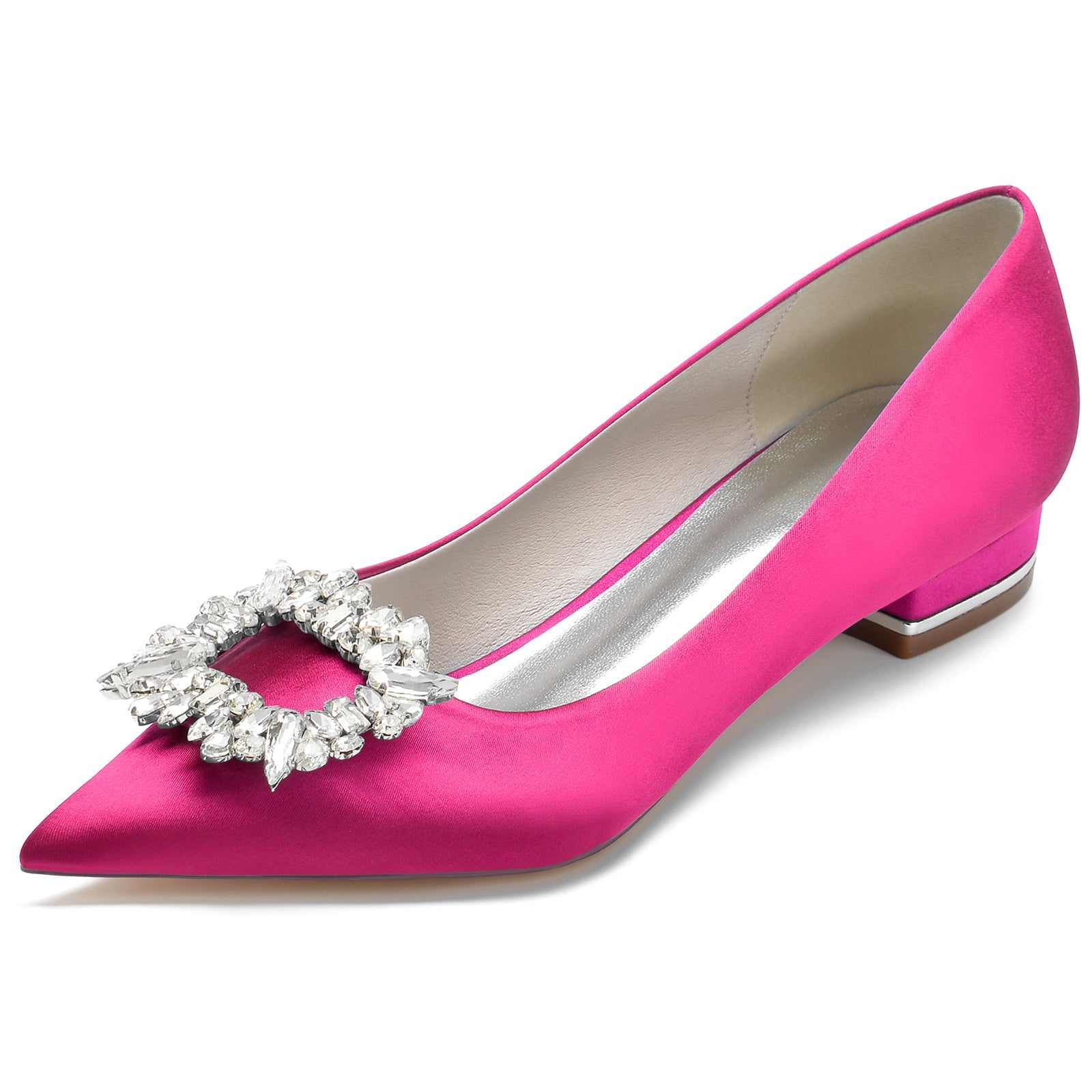 Women's Wedding Shoes Silk Satin Square Rhinestone Low Pointed Toe Bridal Shoes - Image 6