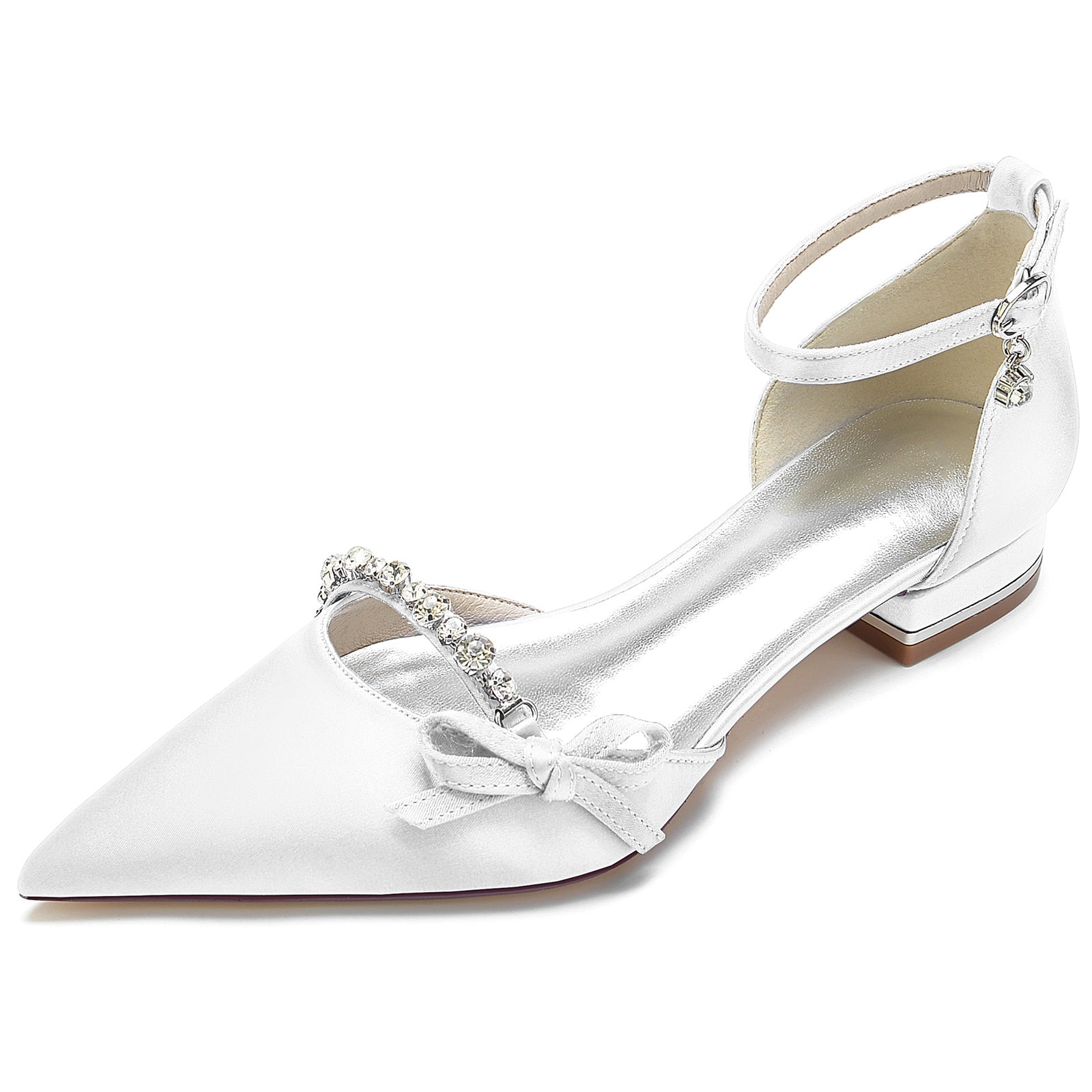 Women's Wedding Shoe Crystal Bow Silk Satin Pointed Toe Low Buckle Bridal Shoes - 이미지 11
