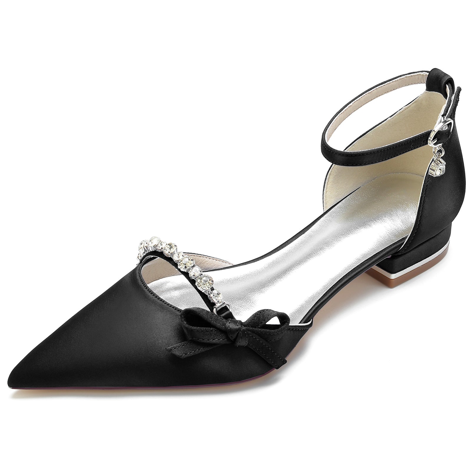 Women's Wedding Shoe Crystal Bow Silk Satin Pointed Toe Low Buckle Bridal Shoes - 이미지 12
