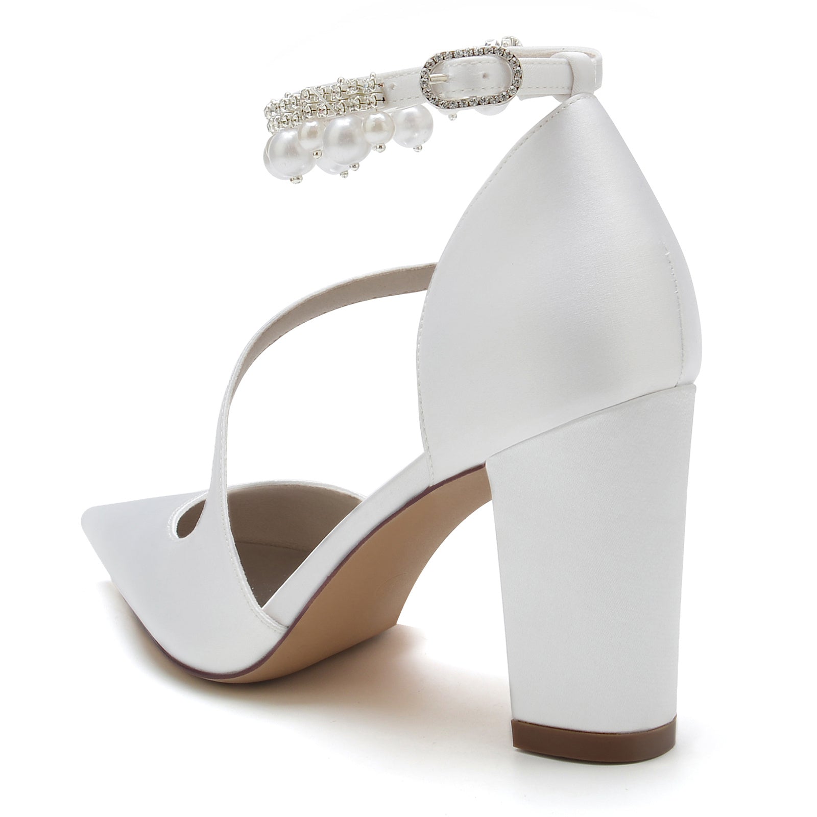 Women's Wedding Shoes White Pearl Block Pointed Toe Buckle Bridal Shoes - 이미지 5