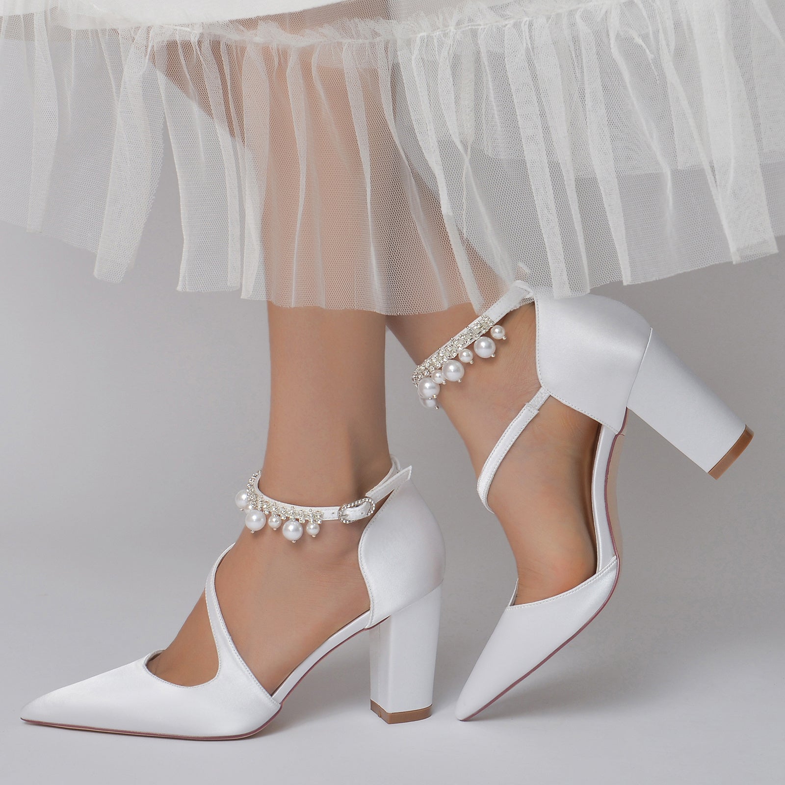 Women's Wedding Shoes White Pearl Block Pointed Toe Buckle Bridal Shoes - 이미지 15