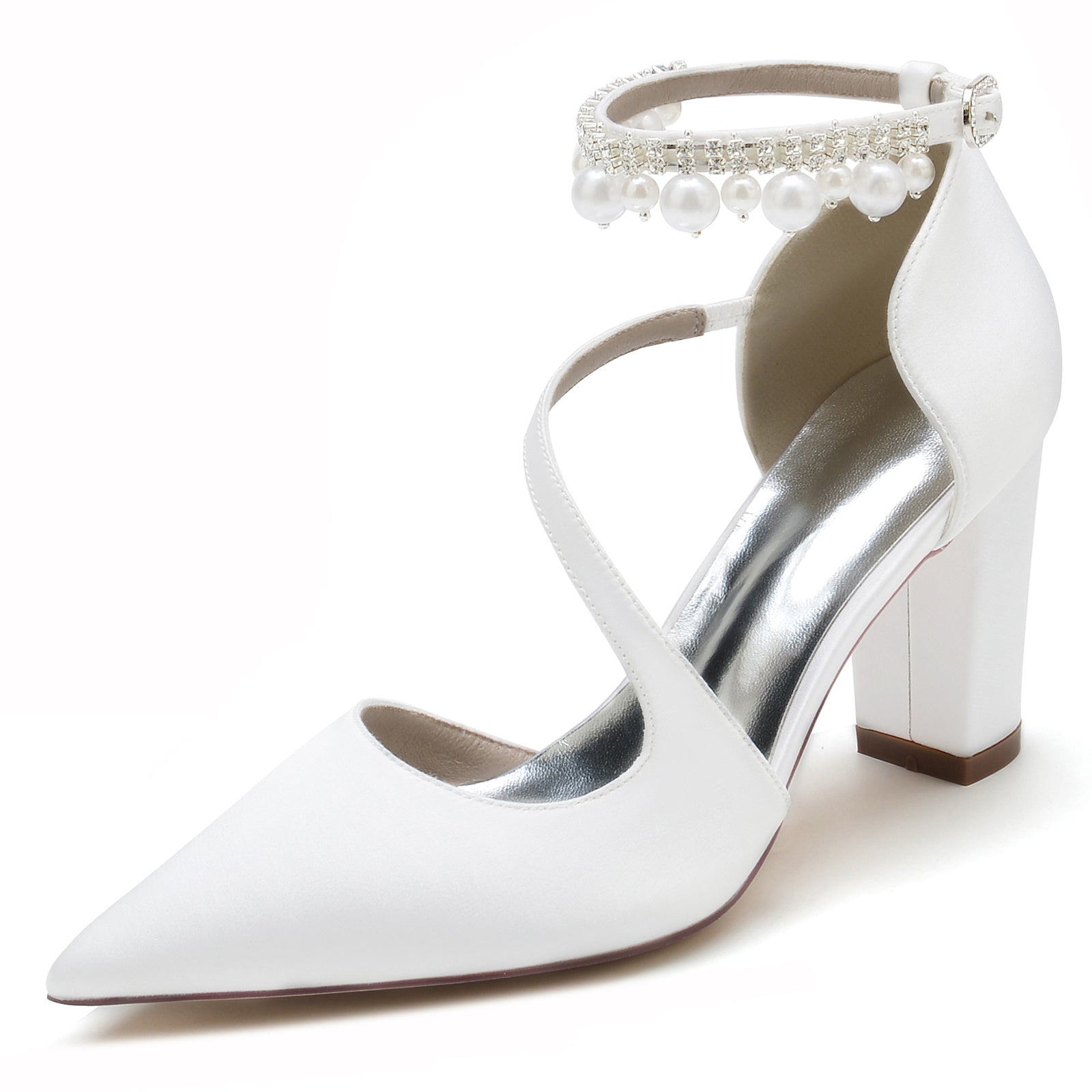 Women's Wedding Shoes White Pearl Block Pointed Toe Buckle Bridal Shoes - 이미지 2