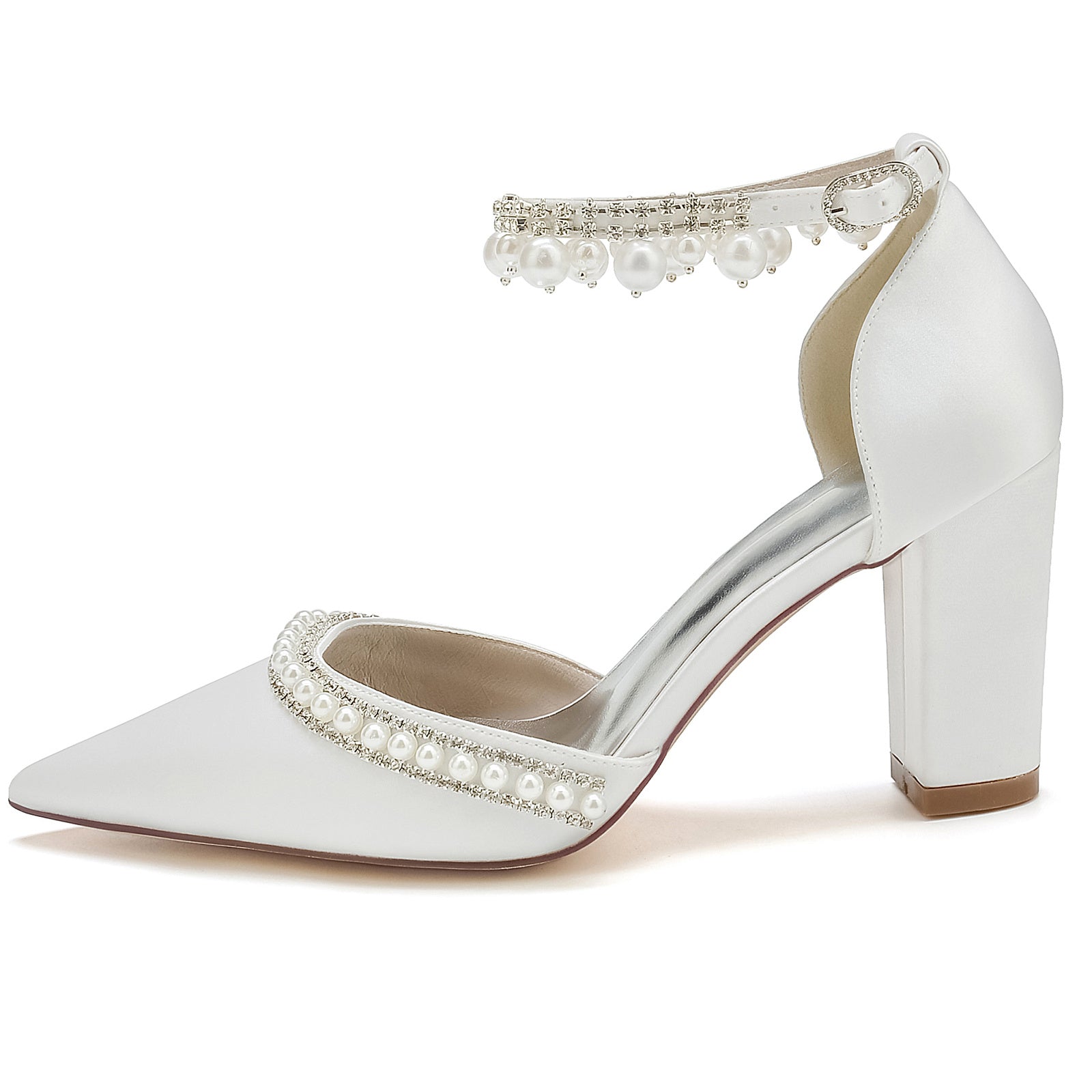 Women's Wedding Rhinestone Pearl Block Heel Pointed Toe Buckle Bridal Shoes - 이미지 3