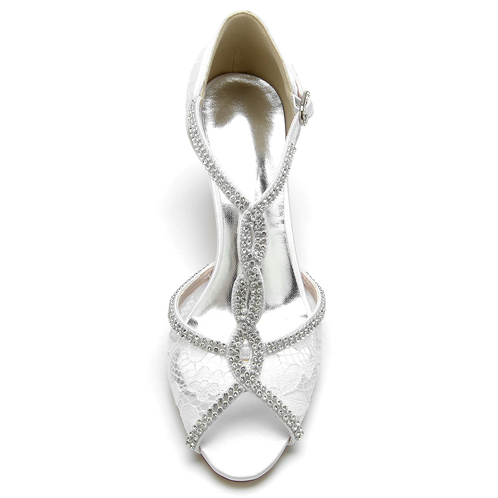 Women's Wedding Shoes Lacework Mini Crystal Strappy Mid Peep Toe Buckle Bridal Shoes - 画像 (5)