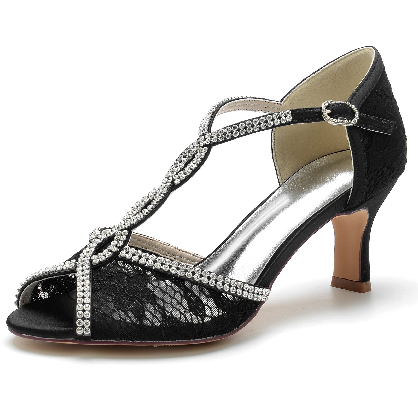 Women's Wedding Shoes Lacework Mini Crystal Strappy Mid Peep Toe Buckle Bridal Shoes - 画像 (8)