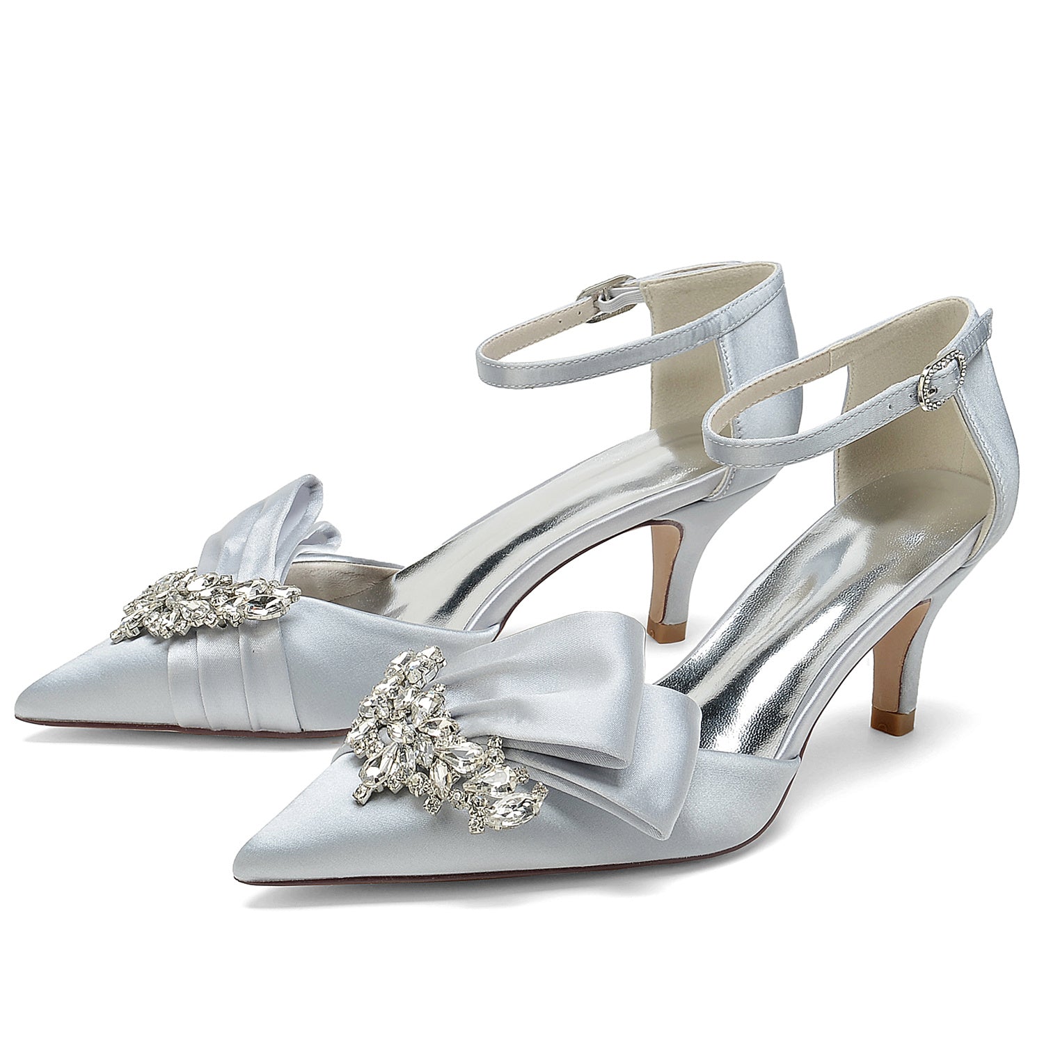 Women's Wedding Shoes Silk Satin Rhinestone Bow Mid Pointed Toe Buckle Bridal Shoes - 画像 (27)