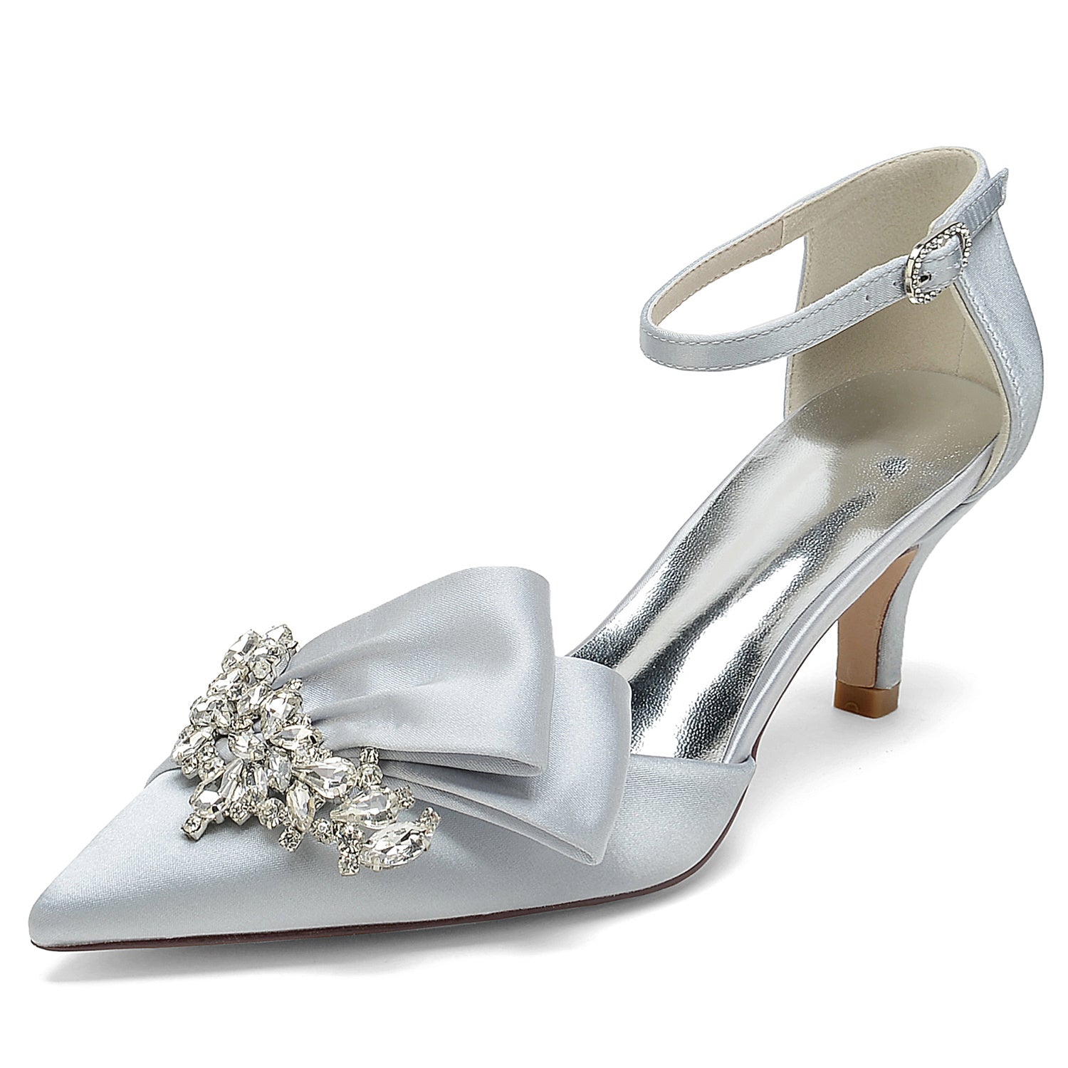 Women's Wedding Shoes Silk Satin Rhinestone Bow Mid Pointed Toe Buckle Bridal Shoes - 画像 (15)