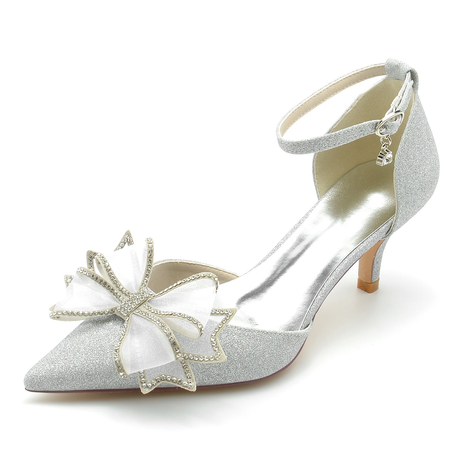 Women's Wedding Shoes Glitter Bow Mid Closed Toe Buckle Bridal Shoes - 画像 (6)