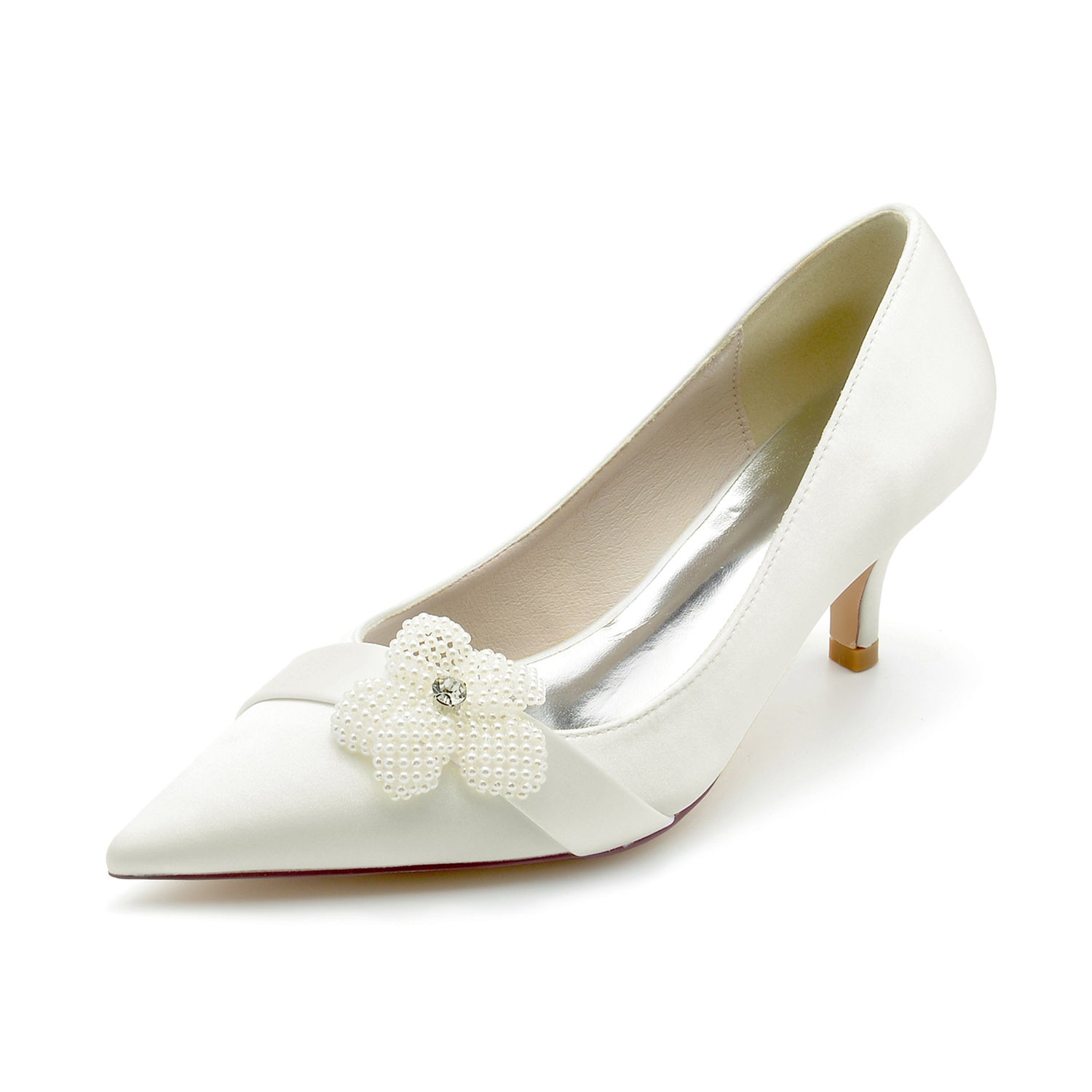 Women's Wedding Shoes White Pearl Flower Pointed Toe Mid Heel Bridal Shoes - 이미지 5