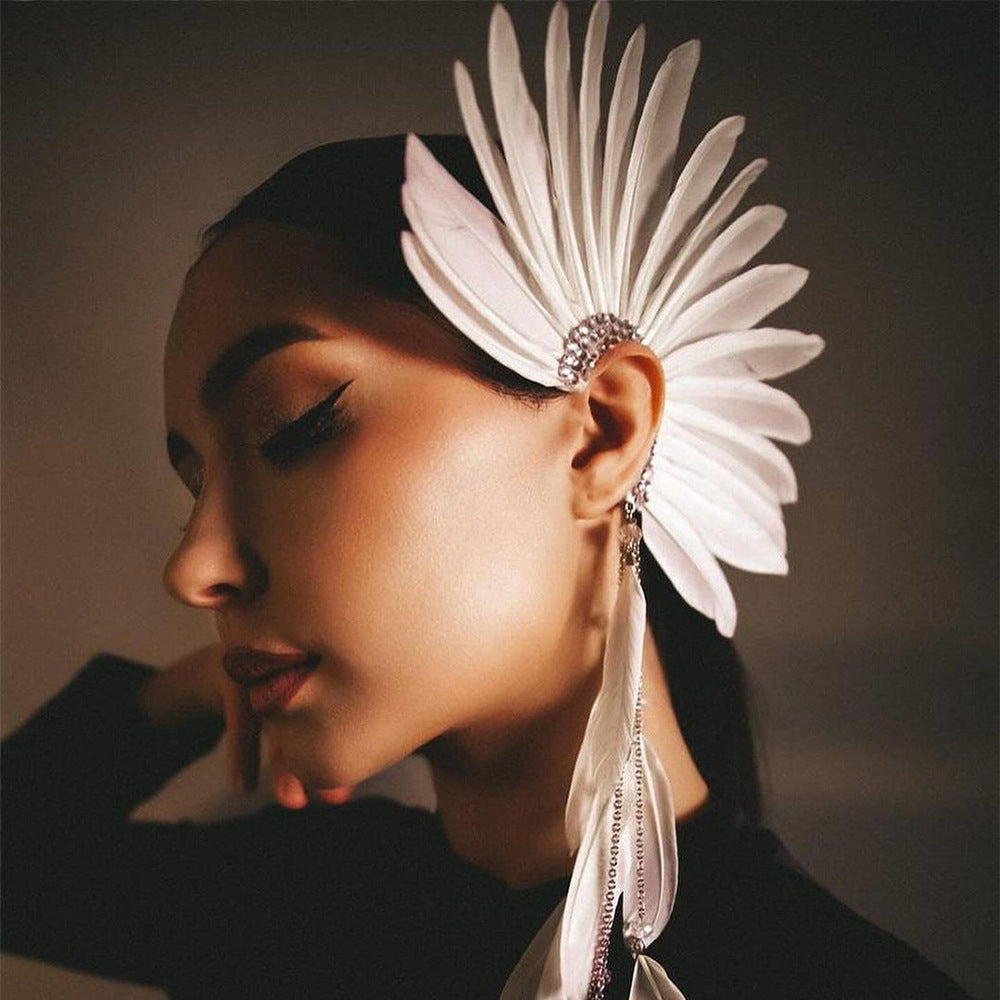 Gothic White Feather Rhinestone Tassel Sweet Earrings - Image 2